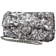Vintage Chanel Classic Flap 226268 Silver Sequins Shoulder Bag