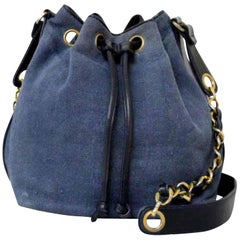 Vintage Chanel Drawstring Hobo Denim Chain 226197 Blue X Black Coated Canvas ShoulderBag