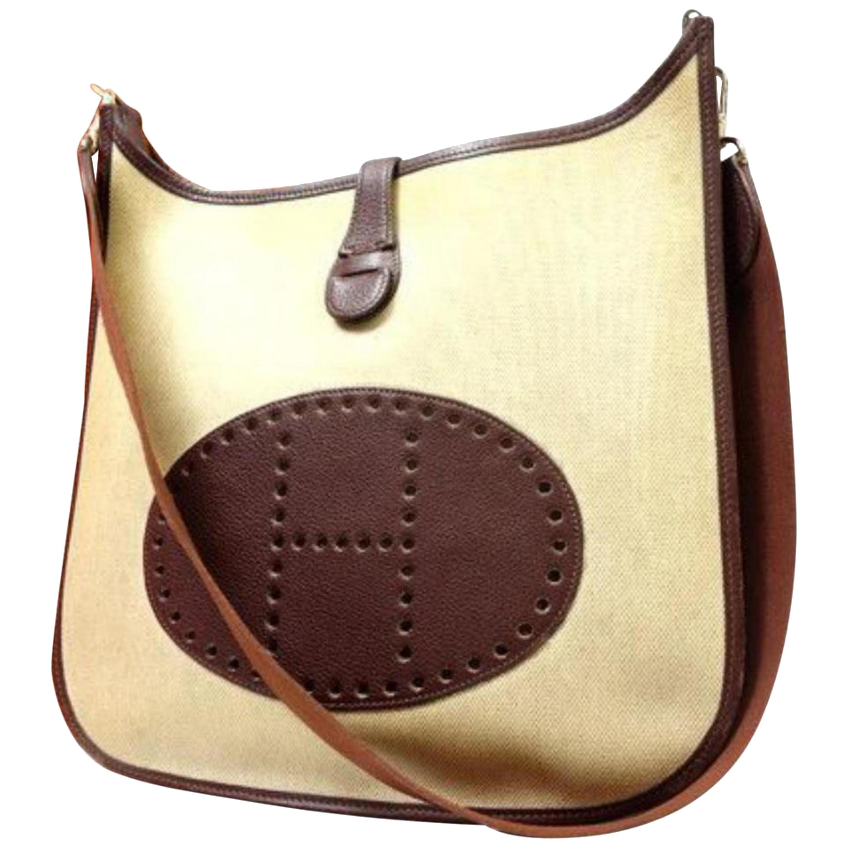 Hermès Evelyne 226252 Natural X Brown Toile Canvas Leather Shoulder Bag For Sale