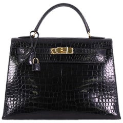 Hermes Kelly Handbag Black Shiny Porosus Crocodile with Gold Hardware 32