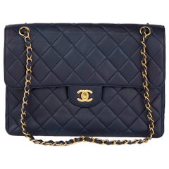 1996 Chanel Navy Lambskin Vintage Jumbo Double Sided Classic Flap Bag 