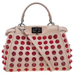 Fendi Pink/Red Leather Mini Studded Peekaboo Top Handle Bag