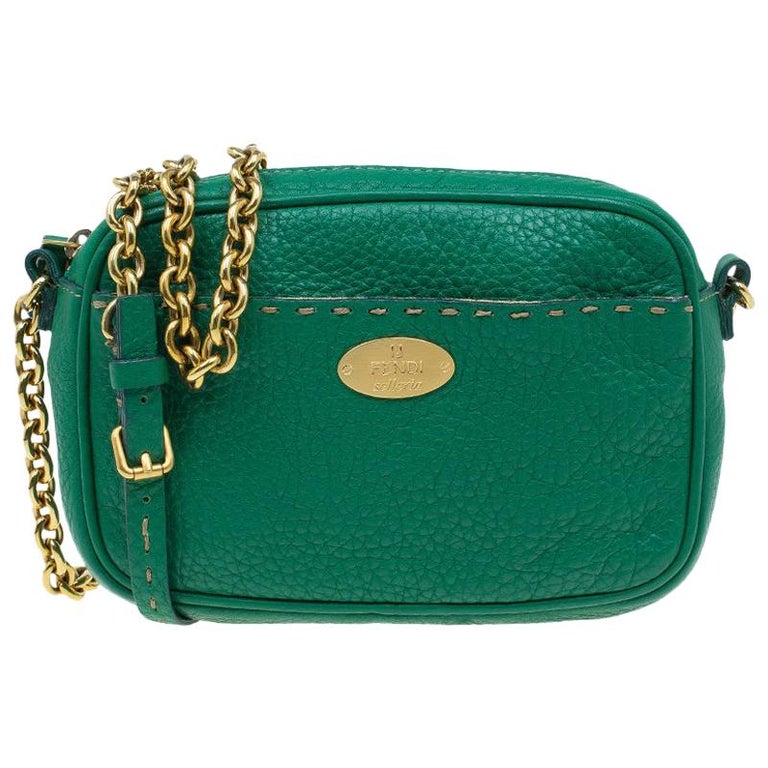 Fendi Green Leather Selleria Leather Small Crossbody Bag For Sale at