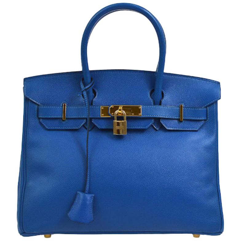 Hermes Birkin 30 Aqua Blue Leather Gold Top Handle Satchel Tote Bag