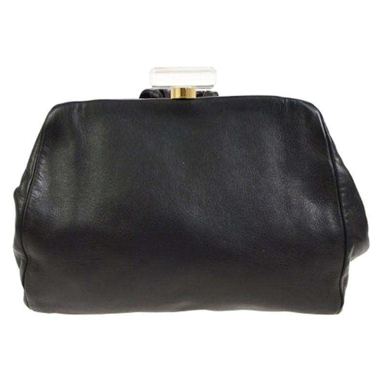 Chanel Black Leather Gold Acrylic Top Handle Satchel Wristlet Evening Clutch Bag