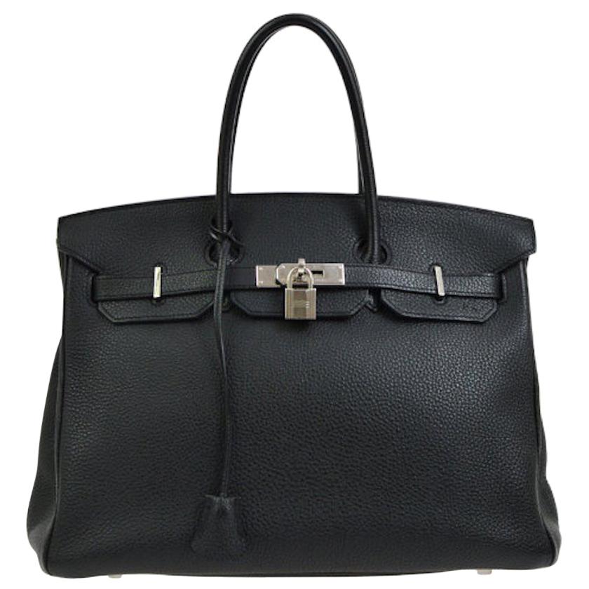 Hermes Birkin 35 Black Leather Palladium Top Handle Satchel Travel Bag in Box