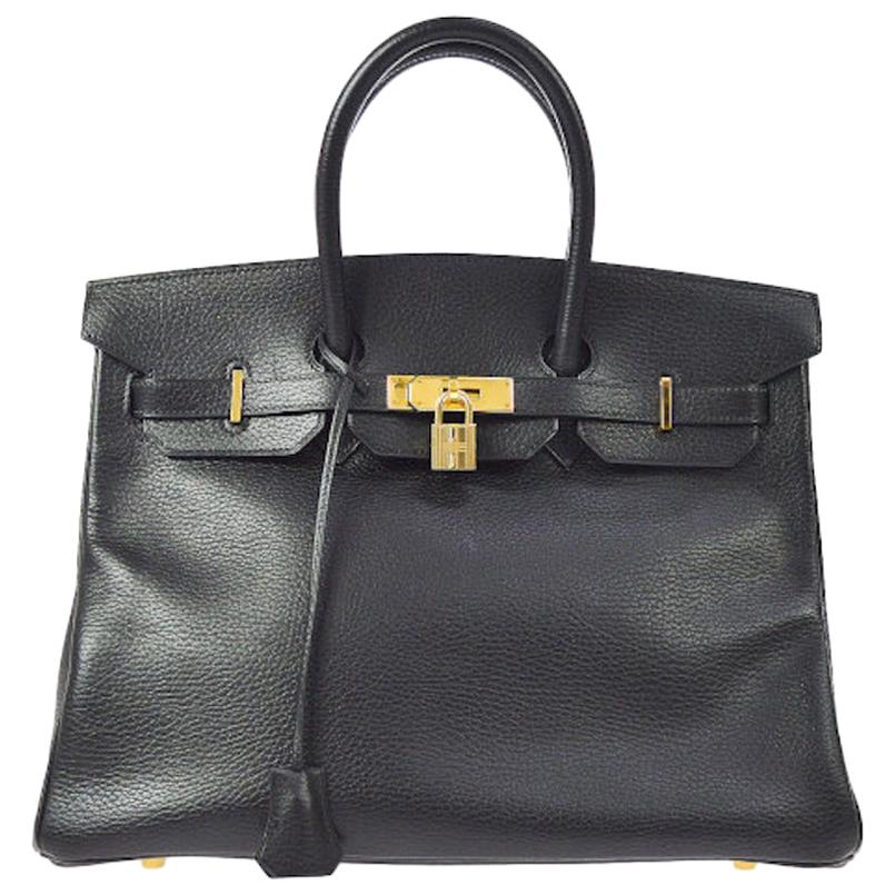 Hermes Birkin 35 Black Leather Gold Top Handle Satchel Travel Bag
