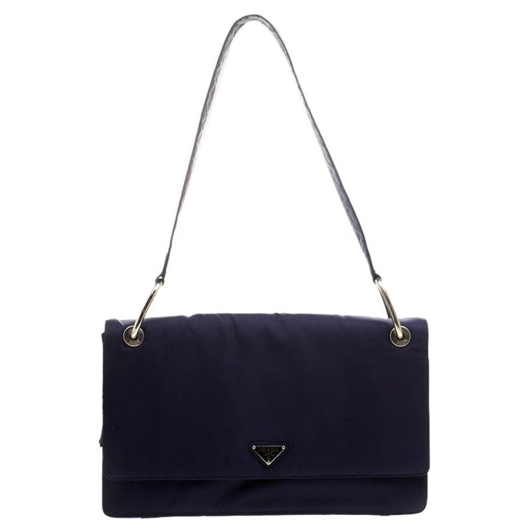 Prada Navy Blue Tessuto Nylon Flap Shoulder Bag For Sale at 1stDibs