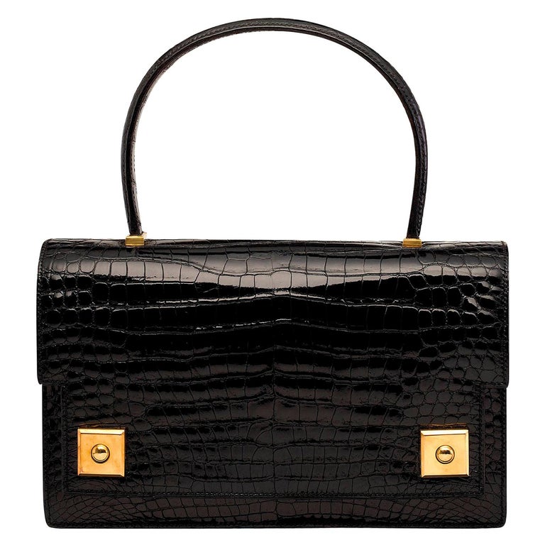 Hermes Black Crocodile Evening Gold Top Handle Satchel Kelly Style Bag