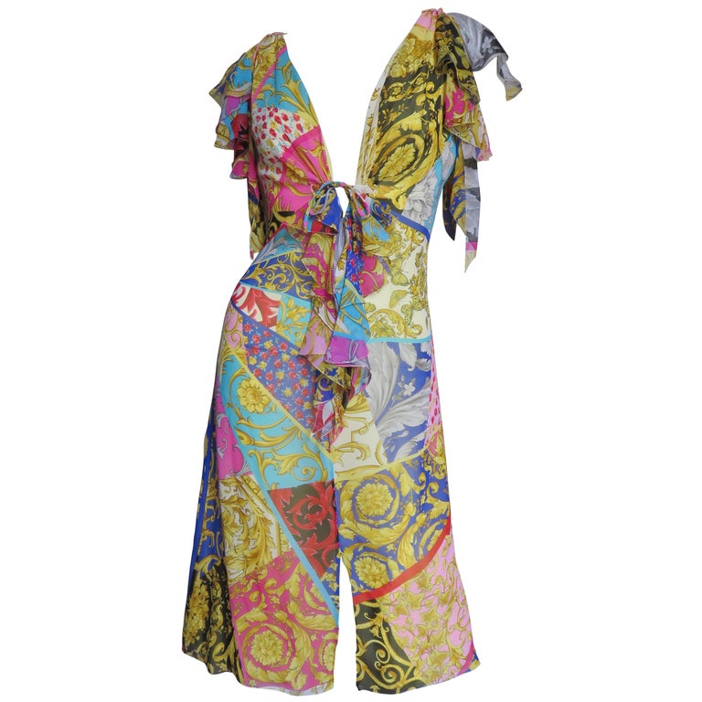 1990s Gianni Versace Silk Print Plunge Dress For Sale at 1stdibs