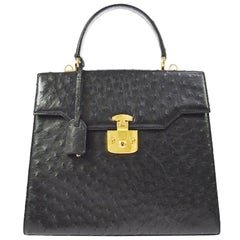 Gucci Black Ostrich Leather Kelly Style Top Handle Satchel Shoulder Bag & Keys