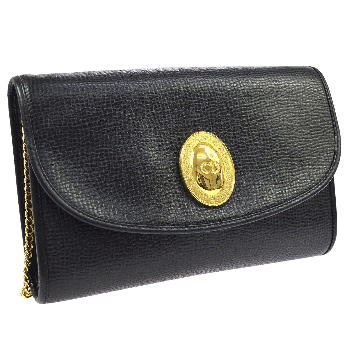 Christian Dior Black Leather Gold Emblem Logo 2 in 1 Clutch Shoulder Flap Bag