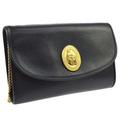 Retro Christian Dior Black Leather Gold Emblem Logo 2 in 1 Clutch Shoulder Flap Bag