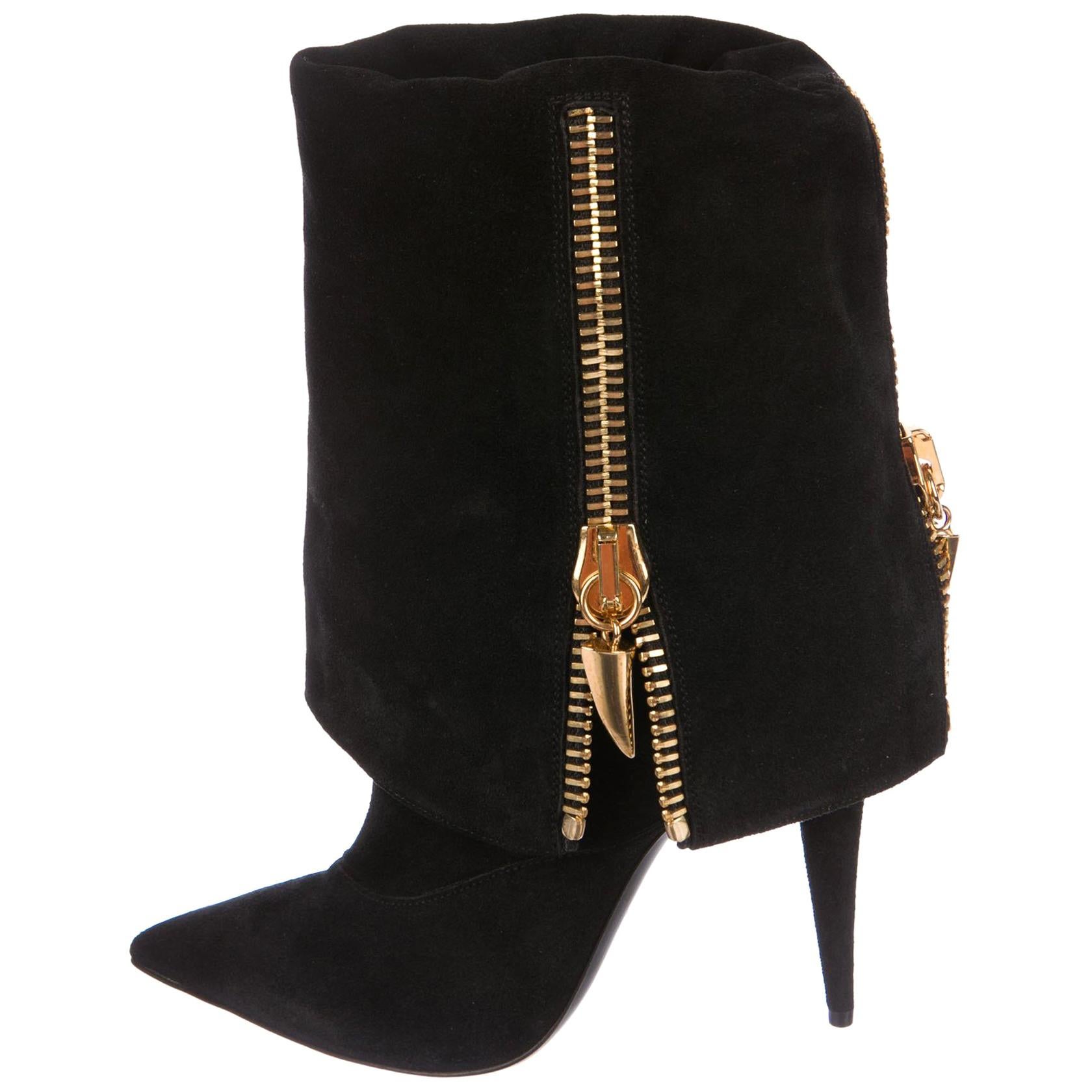 New Giuseppe Zanotti Black Fold-Over Suede Mid-Calf Zipper Accent Boots 39 - 9 For Sale