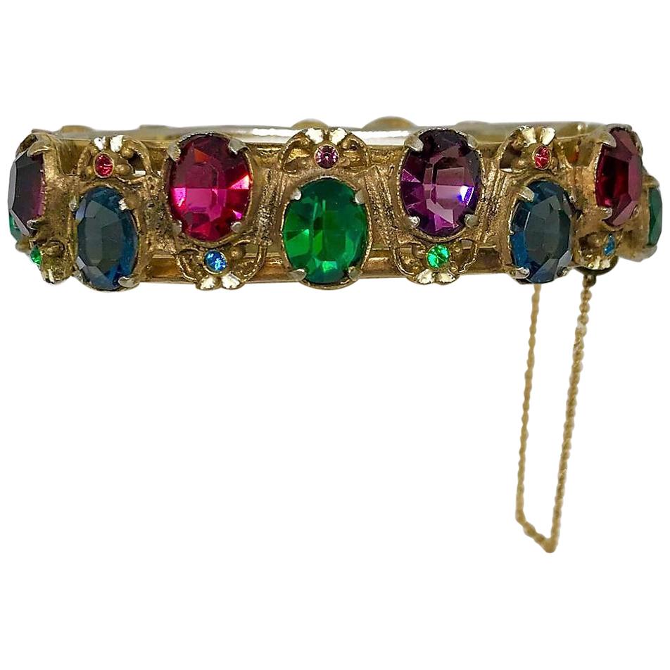 Circa 1930s Goldtone Hinged Bangle Set With Bright Jewel Tone Faceted Stones For Sale