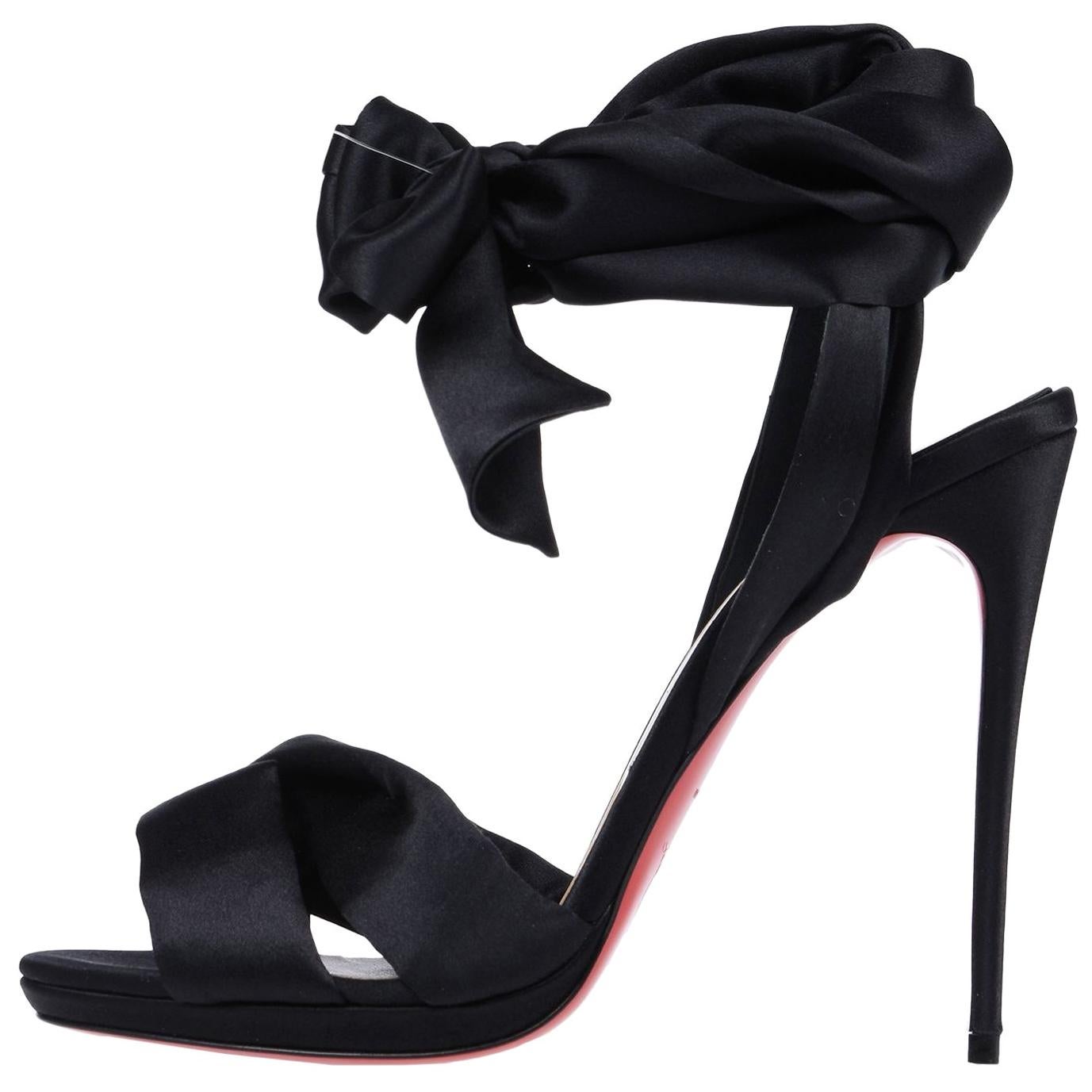 Christian Louboutin NEW Black Satin Bow Evening Sandals Pumps Heels in Box 