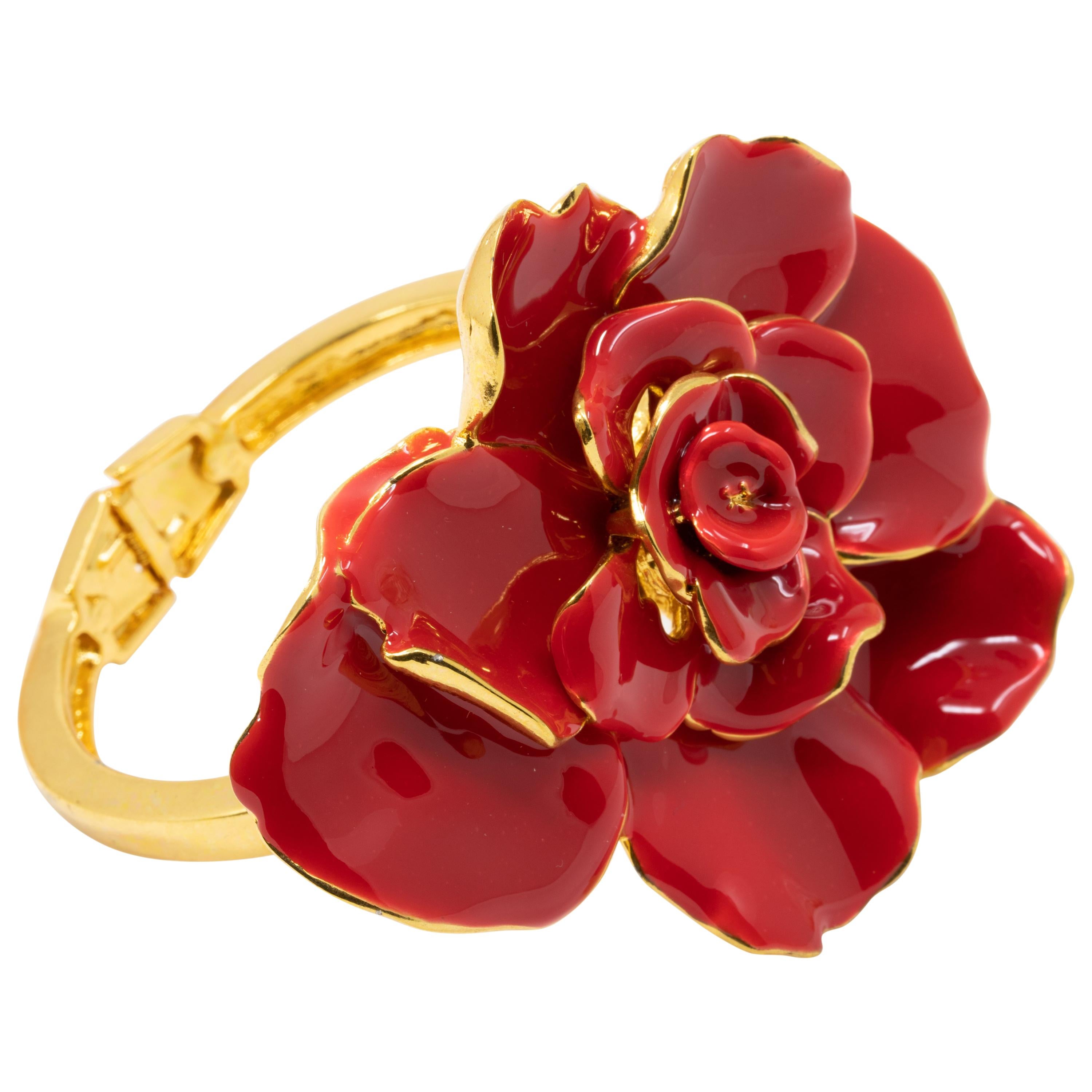 Oscar de la Renta Big Bold Painted Red Rose Hinged Bracelet in Gold