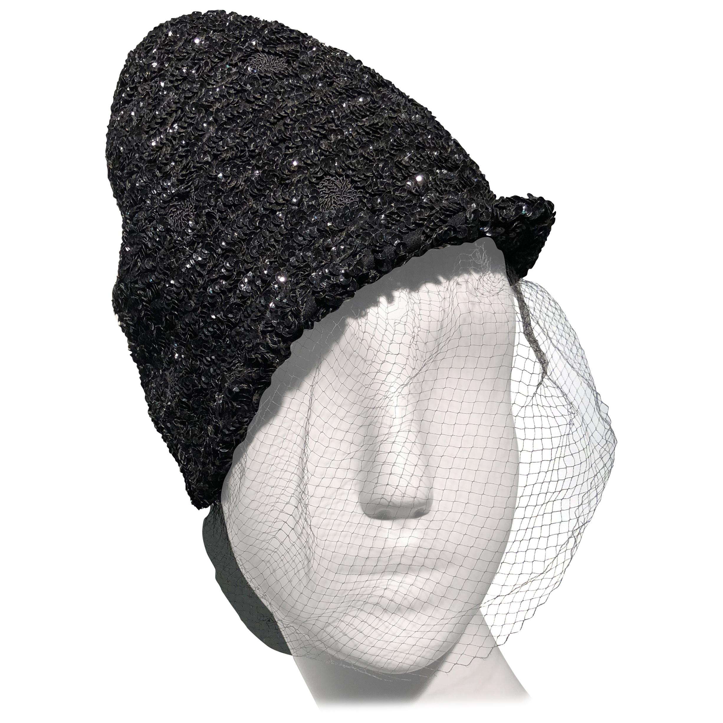 1950s William Silverman Sequin Encrusted Black Peaked Hat With Veil For Sale