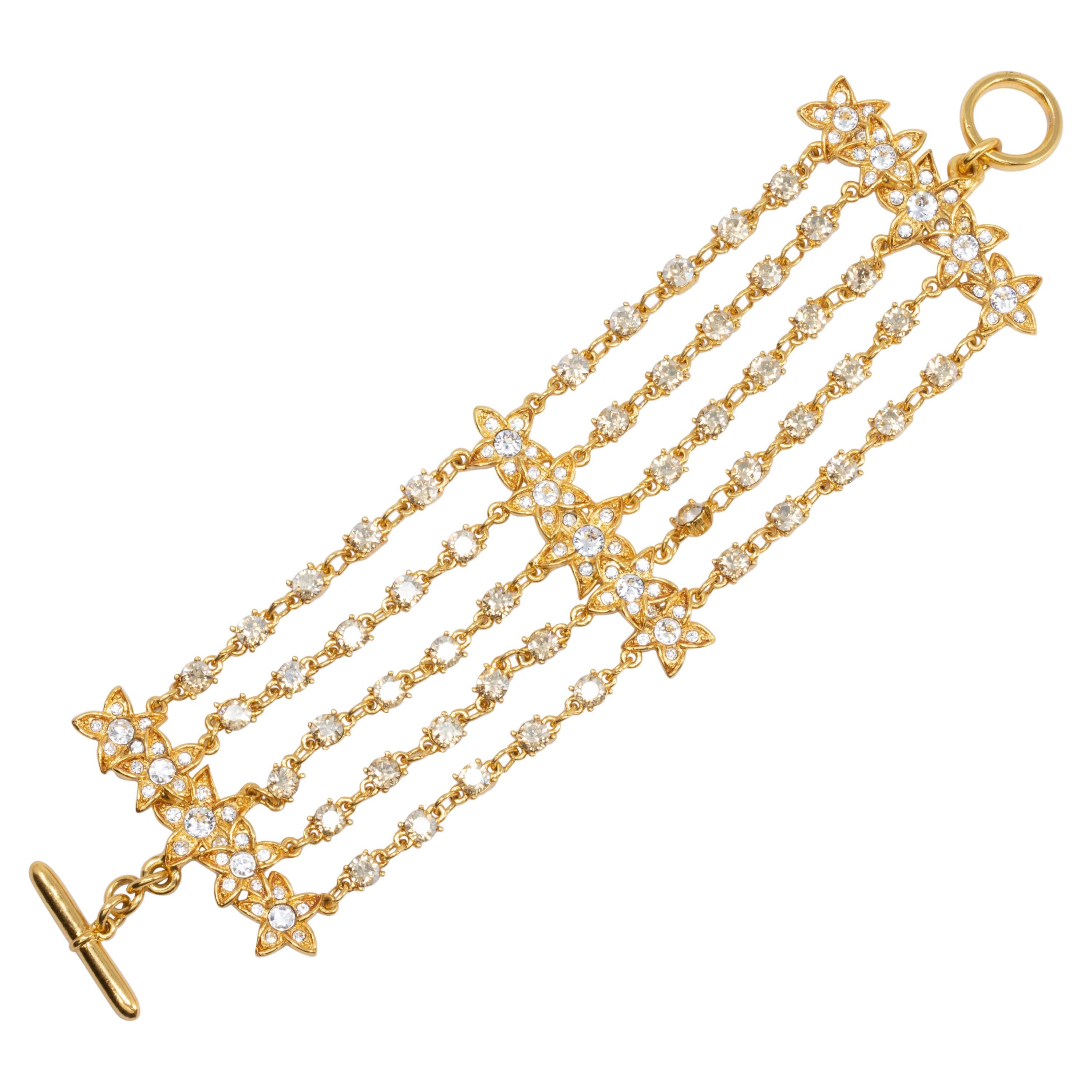 Oscar de la Renta Five Strand Floral Chain Bracelet, Clear Crystals, in Gold For Sale