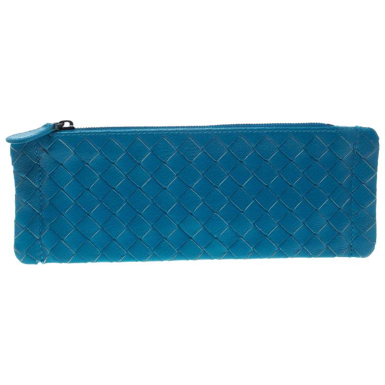 Bottega Cerulean Blue Intrecciato Leather Pouch For Sale at 1stDibs