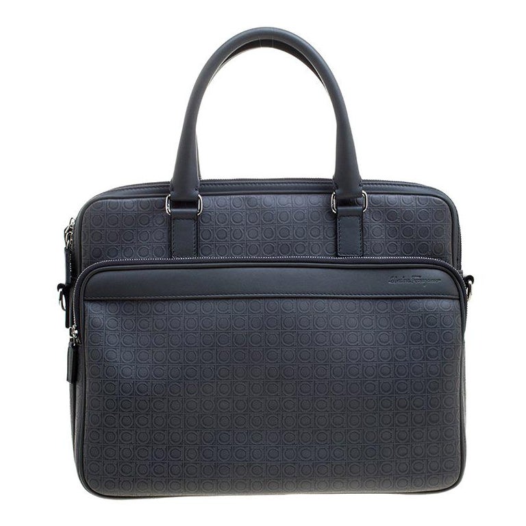 Salvatore Ferragamo Grey Embossed Leather Laptop Bag For Sale at