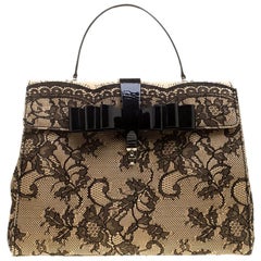 Valentino Beige/Black Raffia and Lace Top Handle Bag