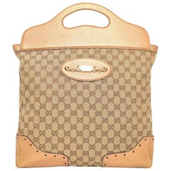 Gucci Monogram Gg Chain Hand 226878 Beige X Brown X Gold Canvas Leather Tote