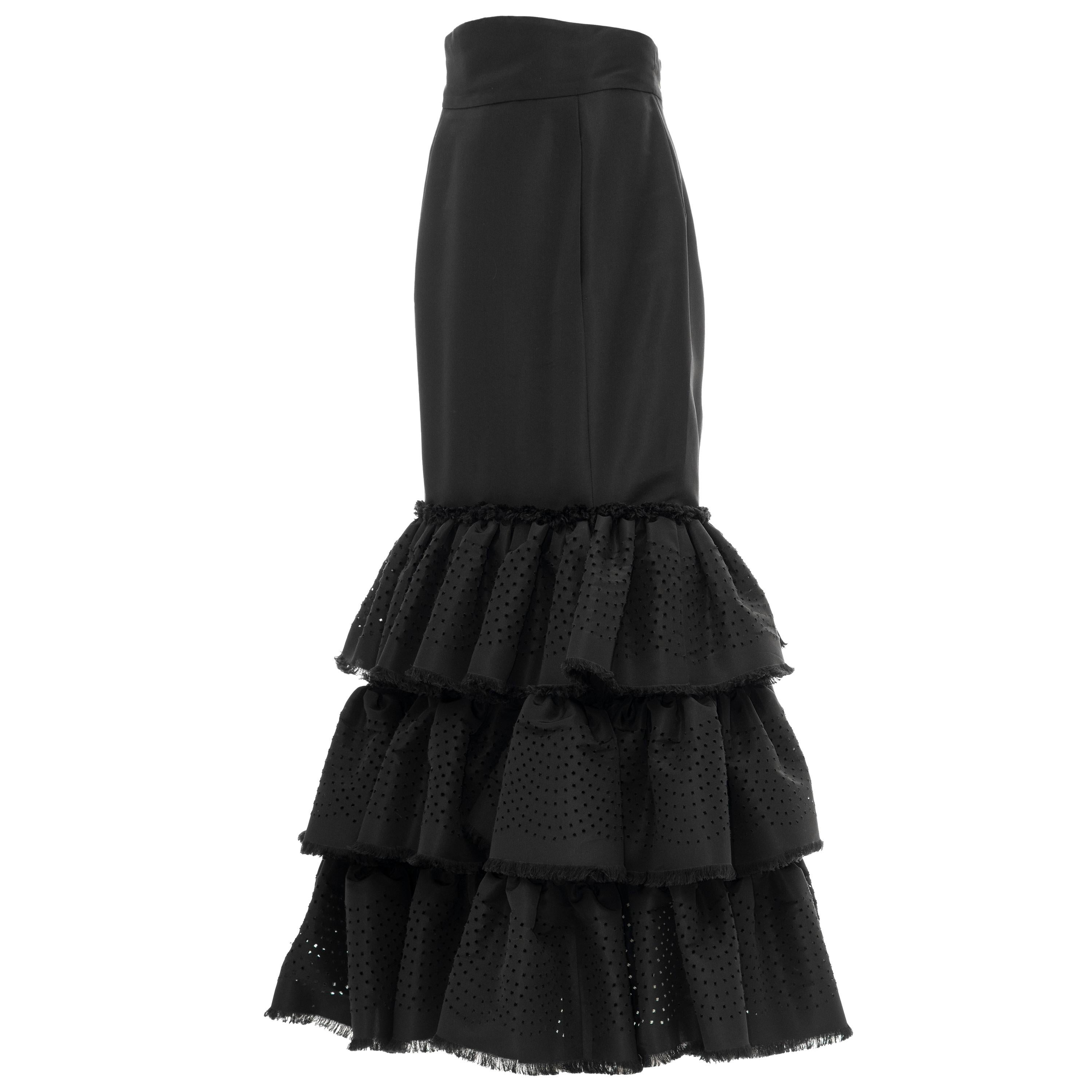 Oscar de la Renta Black Punched Silk Faille Evening Skirt, Fall 2001 For Sale