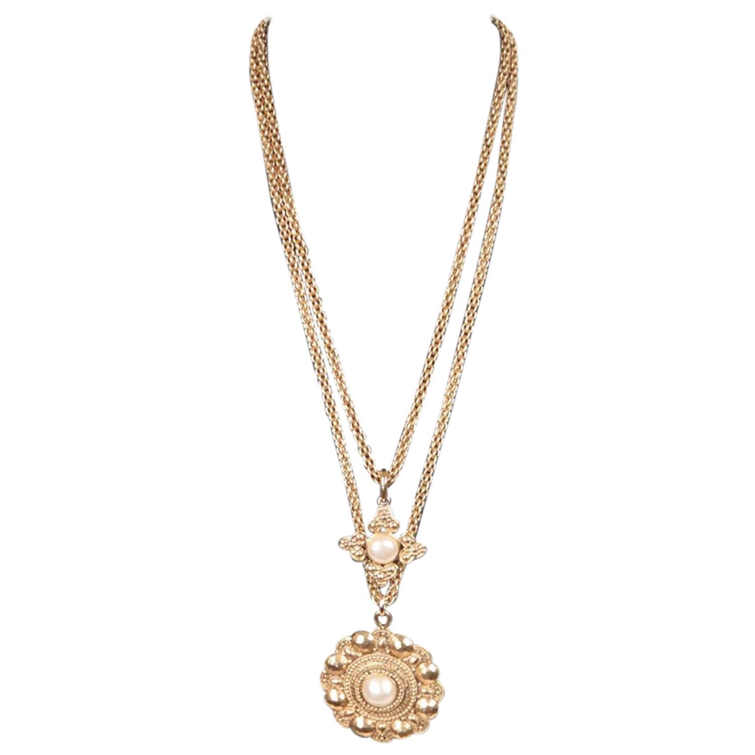 Chanel Vintage Gold Metal 2 Row Long Pendant Necklace with Medallions