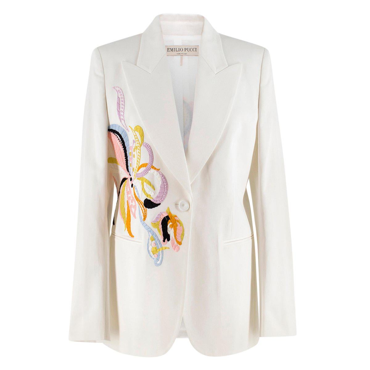  Emilio Pucci embroidered white twill blazer US 8 For Sale