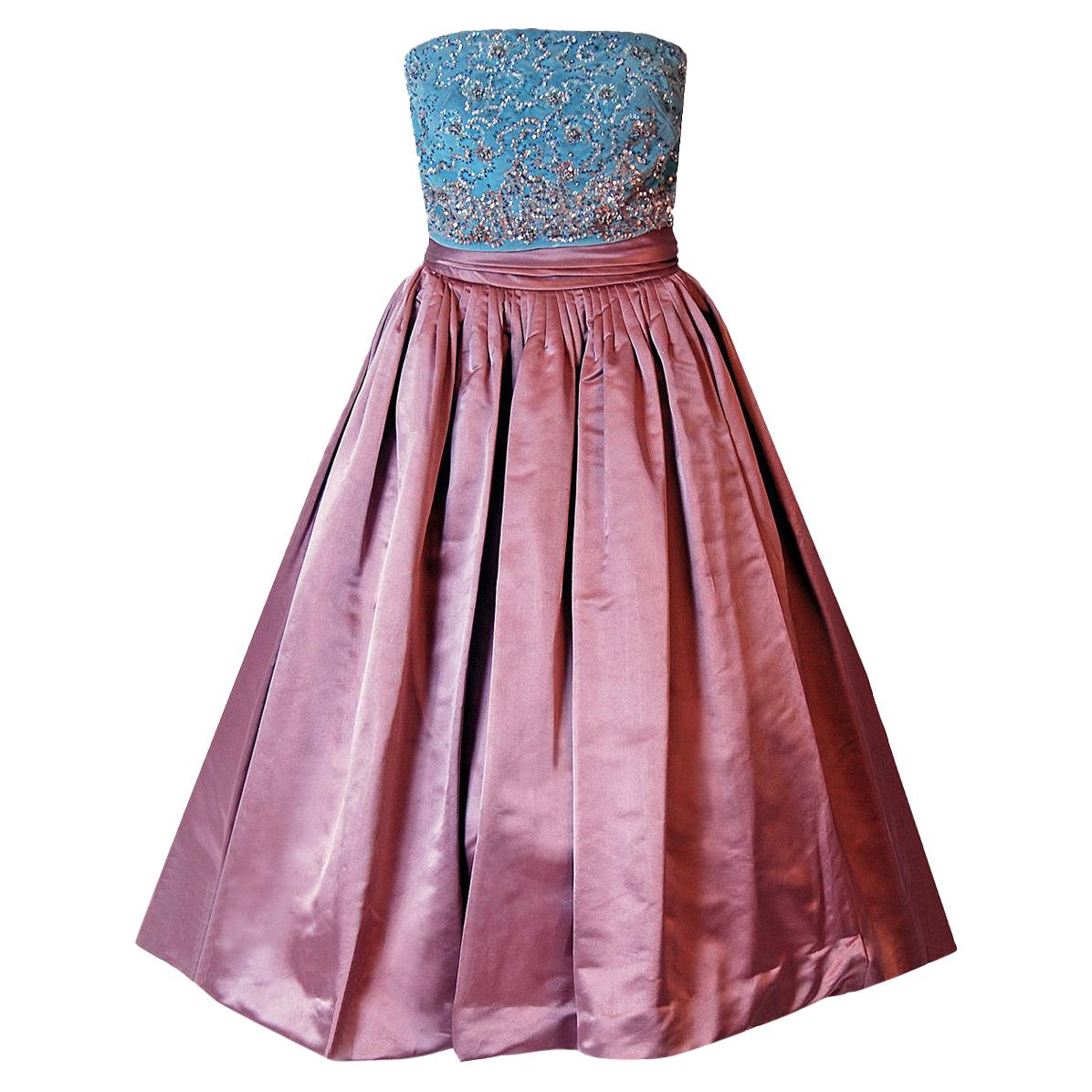 1950's Couture Mauve Satin & Beaded Light-Blue Velvet Strapless Party Dress
