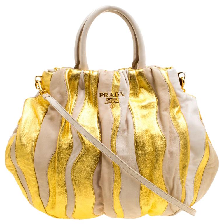Prada Beige/Gold Stripe Leather Hobo For Sale at 1stDibs