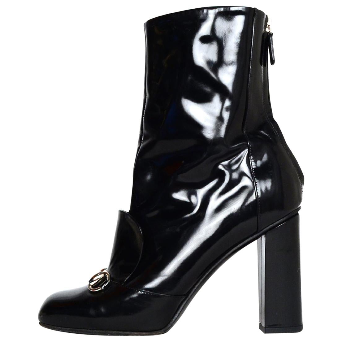 Gucci Black Polished/Glazed Leather Silver Horsebit Regent Ankle Boots Sz 36.5