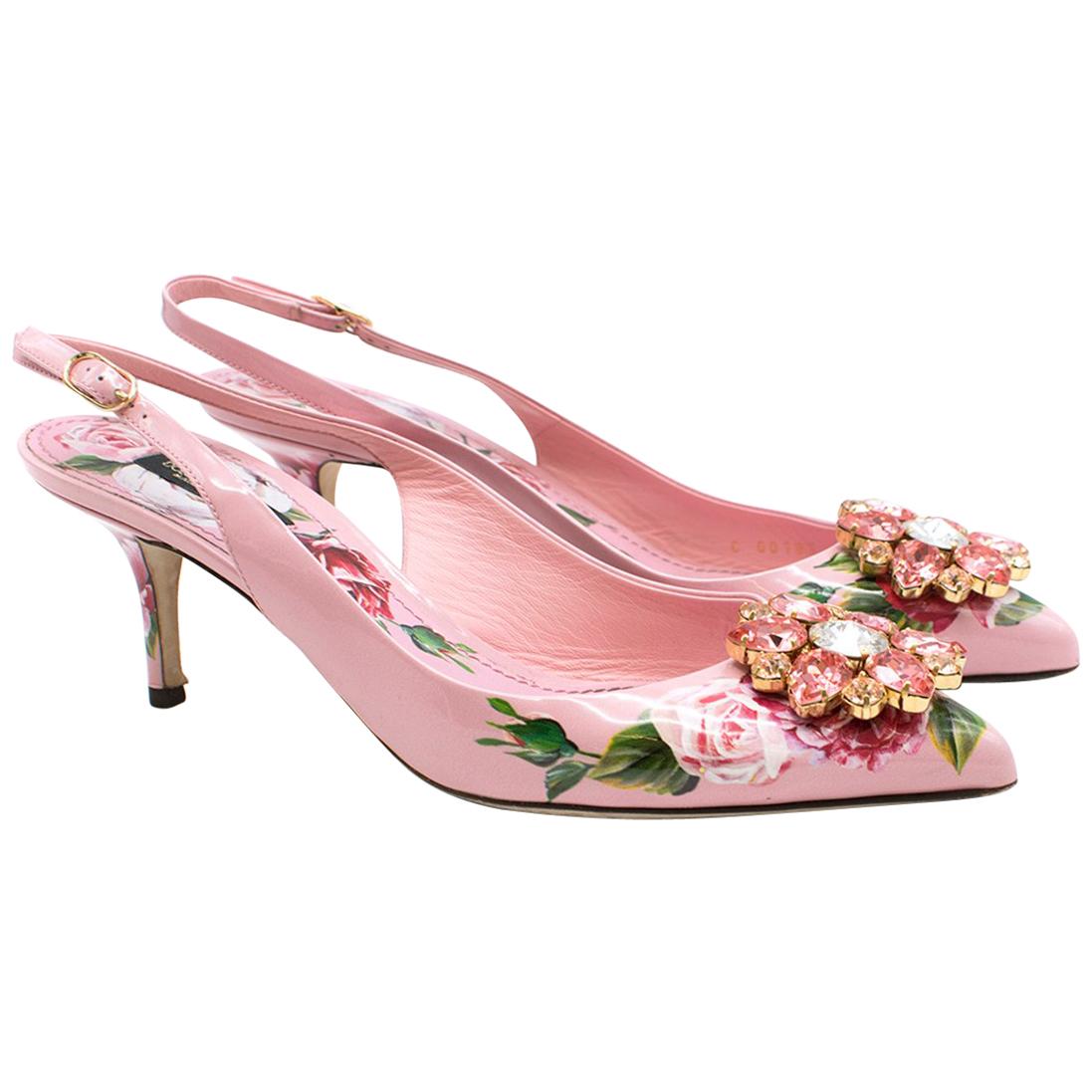 Dolce & Gabbana crystal-embellished pink floral pumps US 9 For Sale