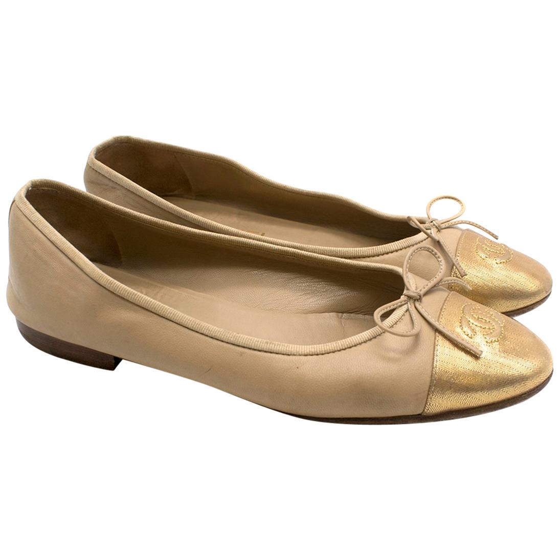 Chanel Nude and Gold Cap Toe Ballet Flats US 10 For Sale at