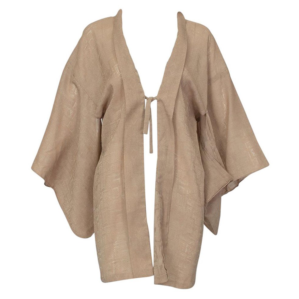 Taupe Textured Jacquard Haori Half-Kimono Tie Front Lingerie Jacket - M-L, 1960s For Sale