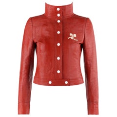 COURREGES c.1970s Brick Red Vinyl Faux Leather Mod Signature Logo Cropped Jacket