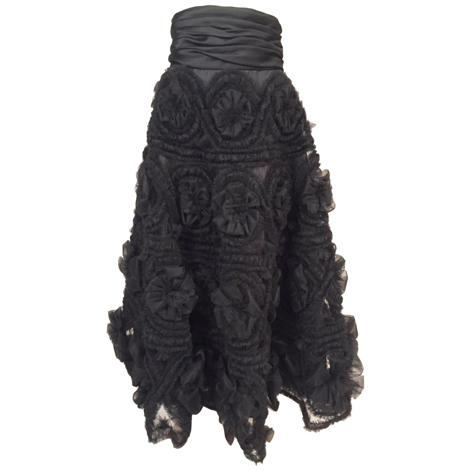 Reem Acra Three Dimensional Flower Covered Black Tulle Evening Skirt