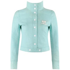 COURREGES c.1970s Mint Blue Vinyl Faux Leather Mod Signature Logo Cropped Jacket