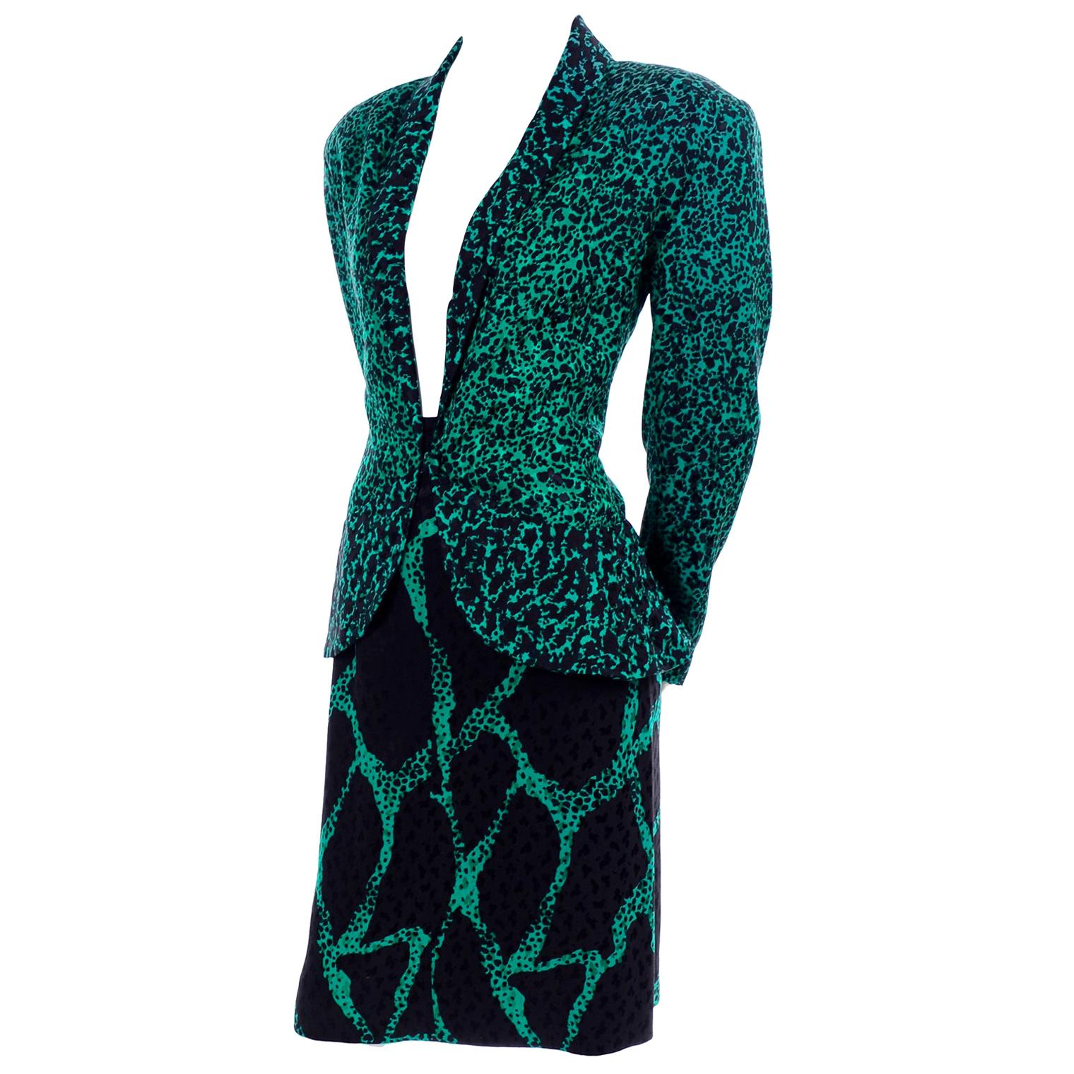 1980s Vicky Tiel Green & Black Abstract Animal Print Silk Skirt & Jacket Suit