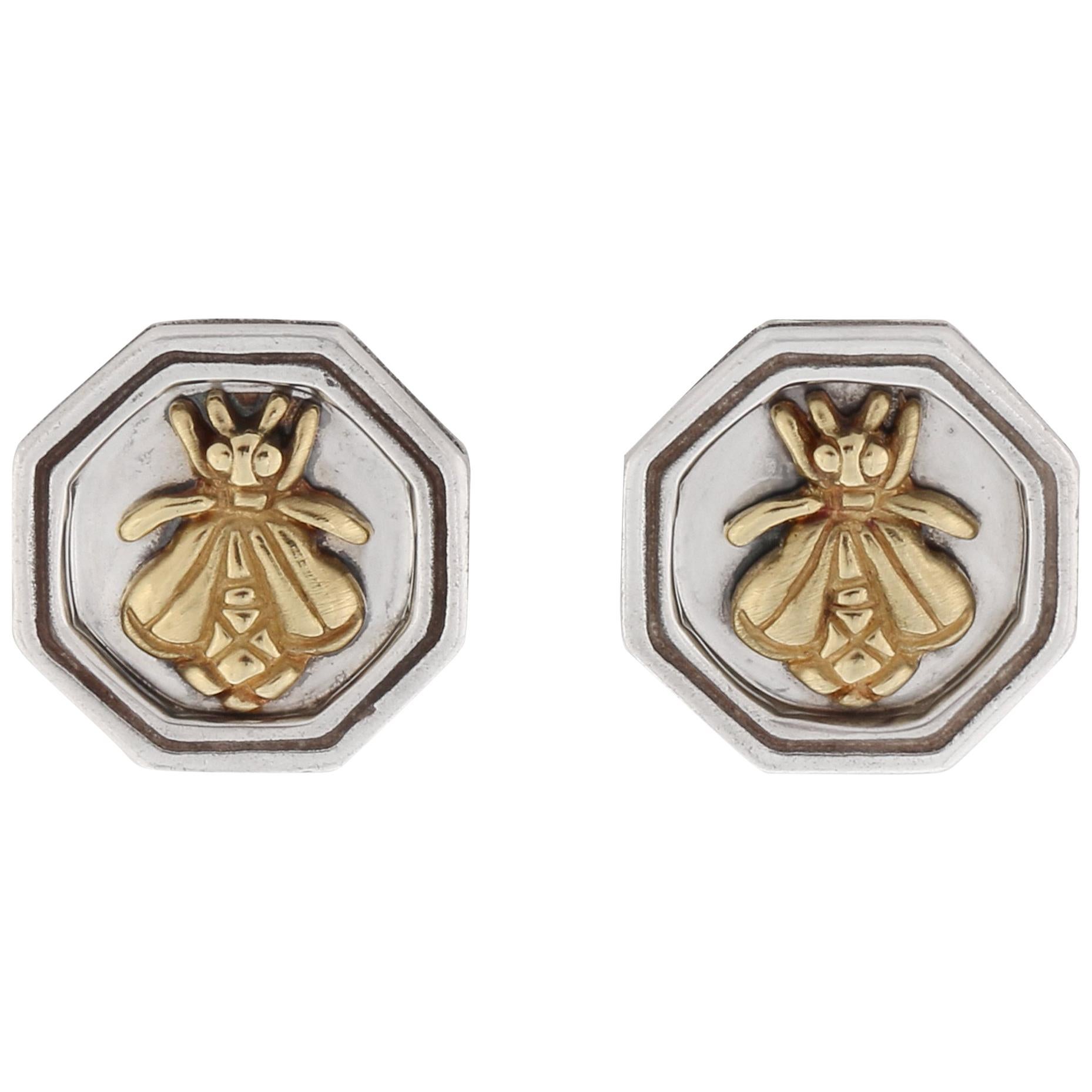SLANE & SLANE Sterling Silver 18K Gold Honeycomb Hexagon Bee Clip On Earrings