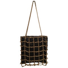 RARE Chanel Vintage Black Silk Chain Cage Evening Bag