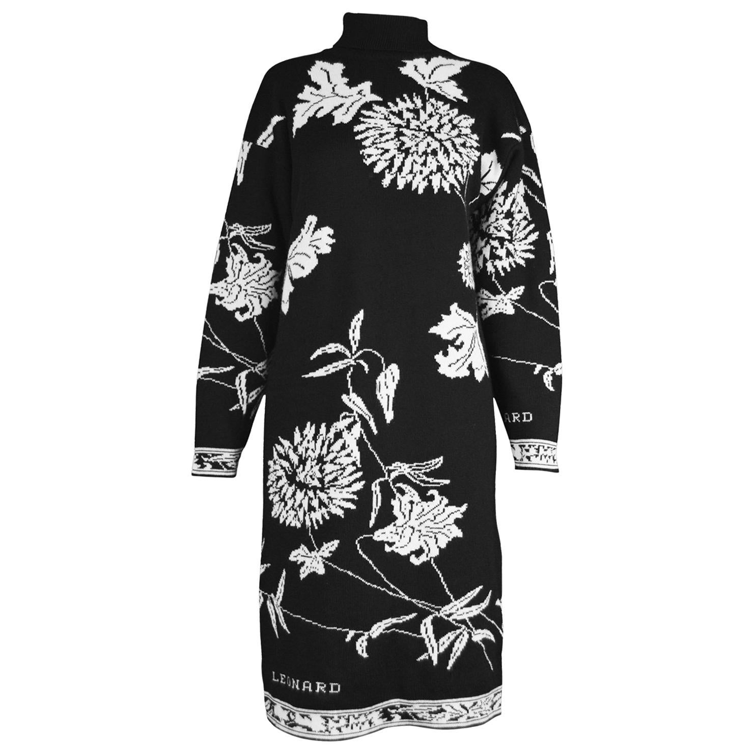 Leonard Paris Black & White Vintage Wool Blend Knit Sweater Dress, 1980s