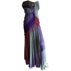 Christian Lacroix Vintage Ombre Silk Chiffon Strapless Corseted Evening Dress 