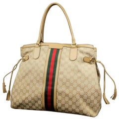 Gucci Sherry Monogram Vintage Web Tassel Tote 228679 Beige Canvas Hobo Bag