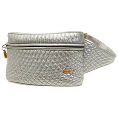 Bally Quilted Waist Pouch Fanny Pack 230672 Silver Leather Cross Body Bag