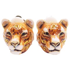 Jay Strongwater "Call of the Wild" Enamel Tiger Head Clip On Earrings in Gold