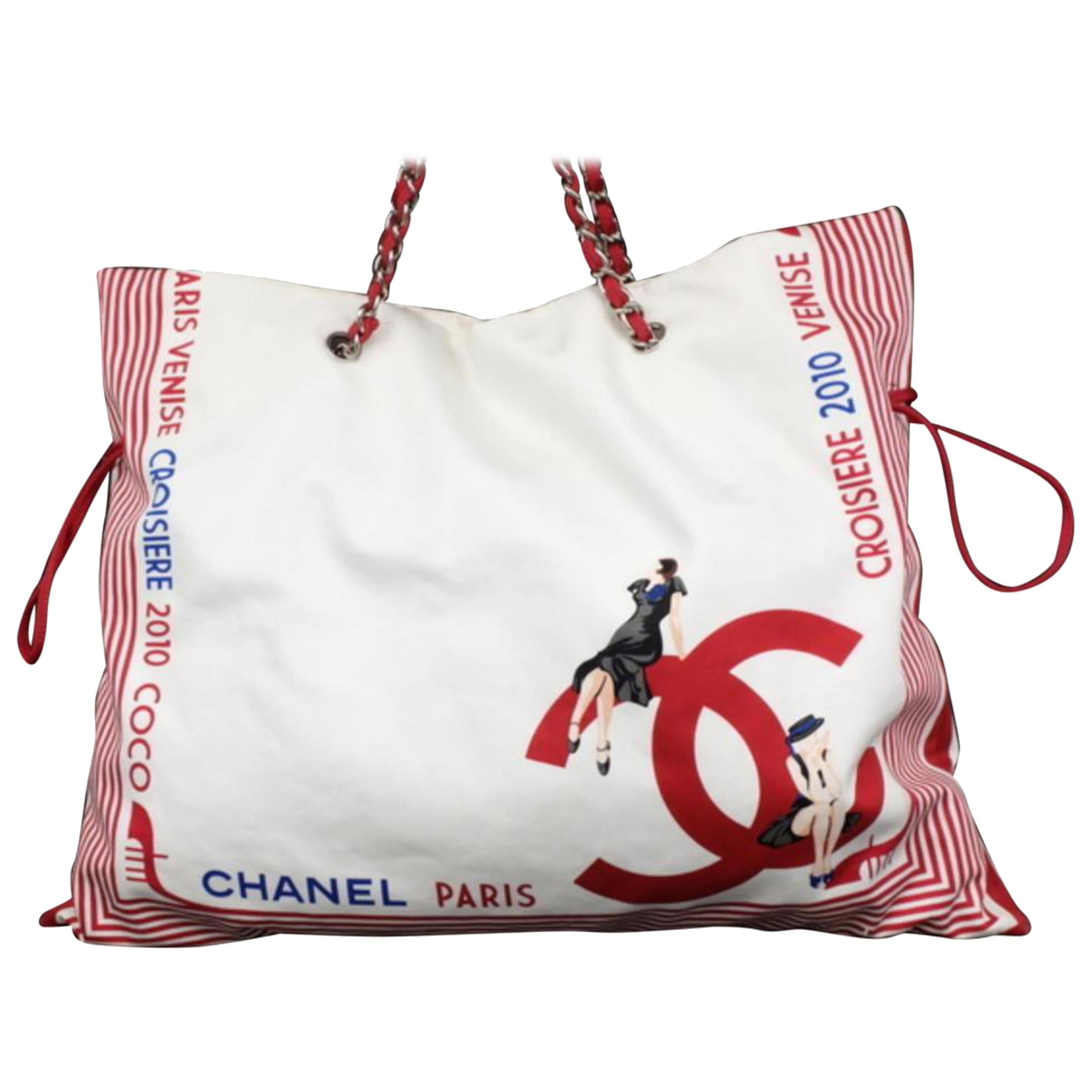 Chanel Cabas Extra Large Red Stripe Chain 231321 White Cotton Shoulder Bag For Sale