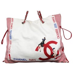 Chanel Cabas Extra Large Red Stripe Chain 231321 White Cotton Shoulder Bag