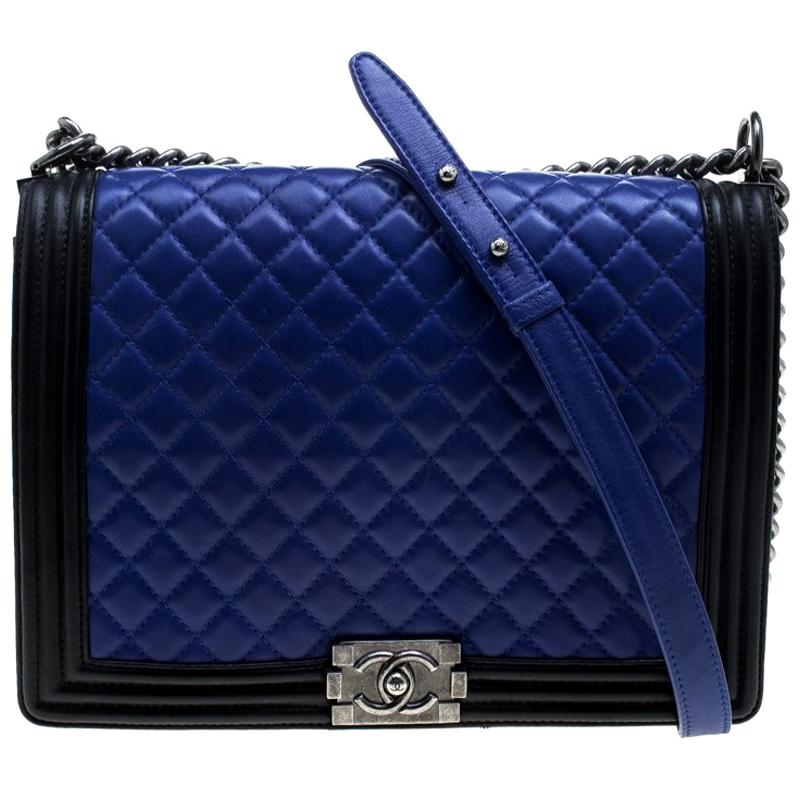 Chanel Blue/Black Quilted Leather Large Boy Flap Bag